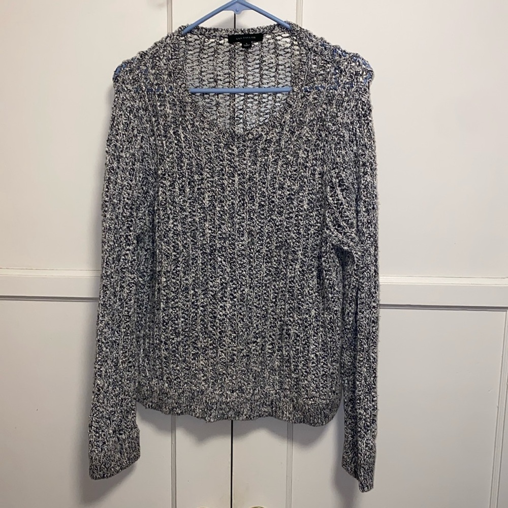 Ann Taylor Large Black White Chunky Open Knit Crew Neck Long Sleeve Sweater